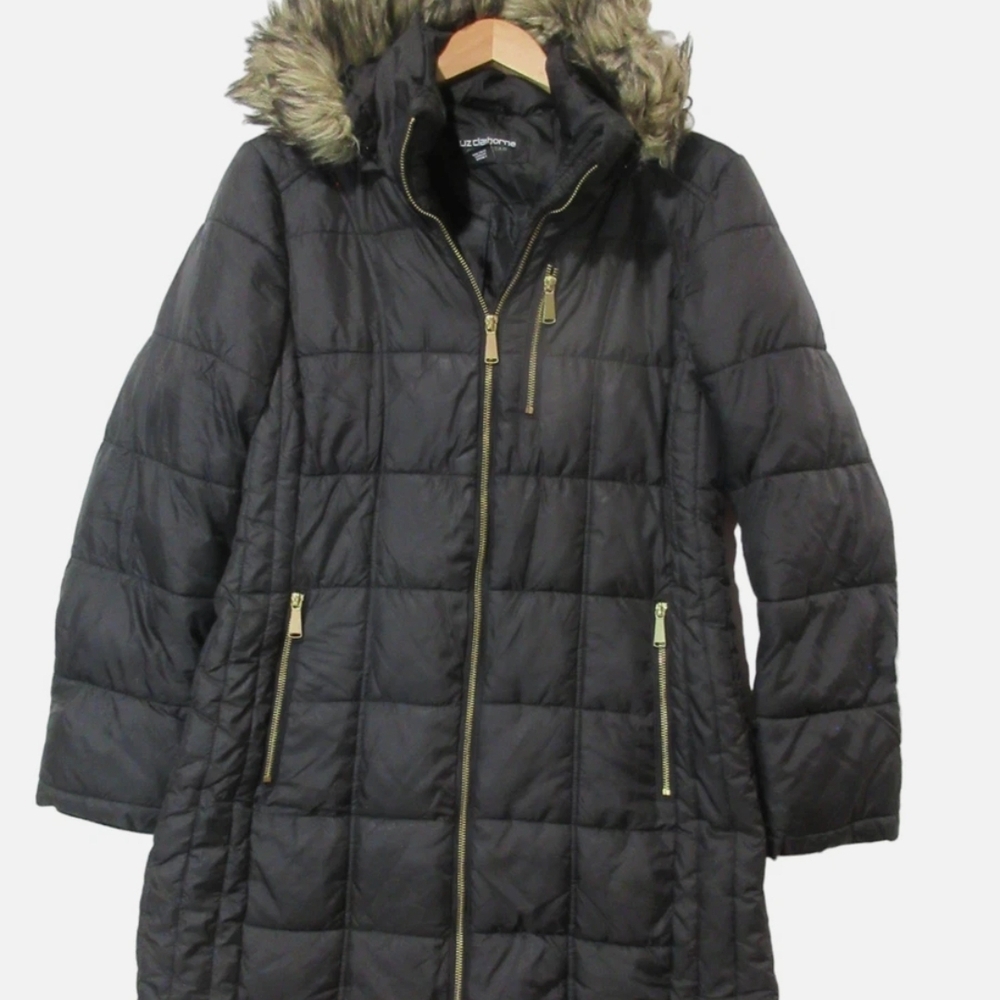 Calvin Klein Women's Black Quilted Coat with Faux Fur Hood